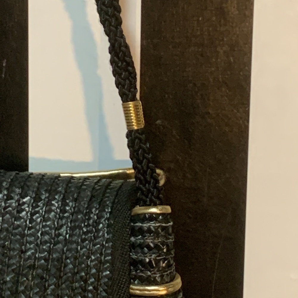 Vintage Black/Gold Woven Straw Bag Purse Pocketbook Coastal Nautical Beach Bag - Picture 3 of 16
